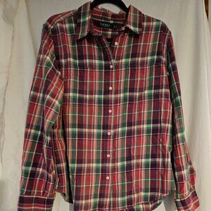 Lauren Ralph Lauren Womens Plaid Button Shirt Size XL Pink Roll Tab Long Sleeves